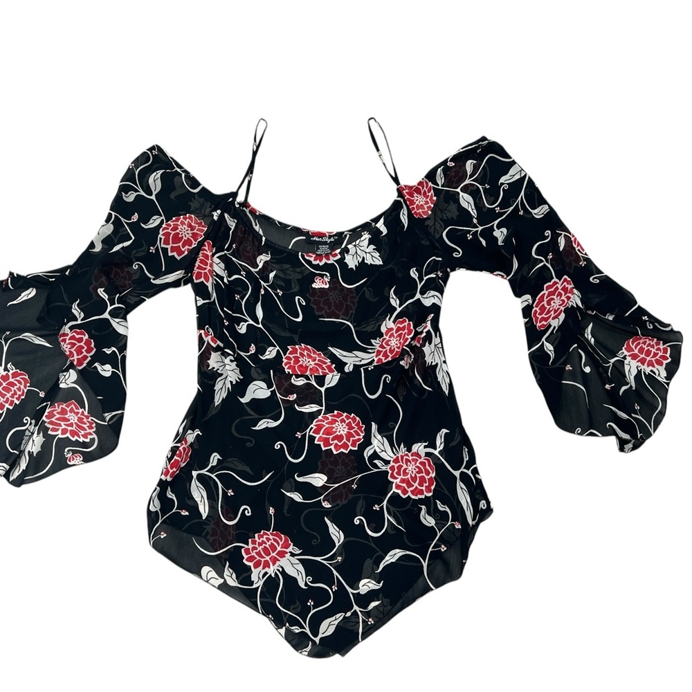 Herstyle Black & Red Floral Asymmetrical Blouse with Bell Sleeves size Medium